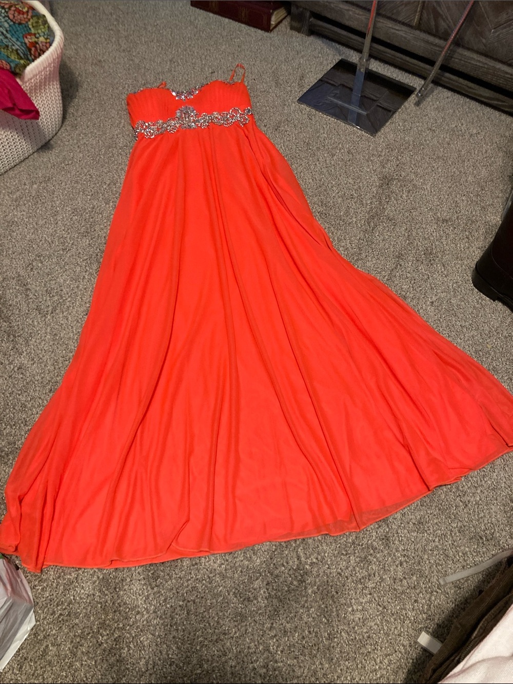 My Michelle ribbon Strap Beaded Waist Coral Orange Evening Formal Prom Gown